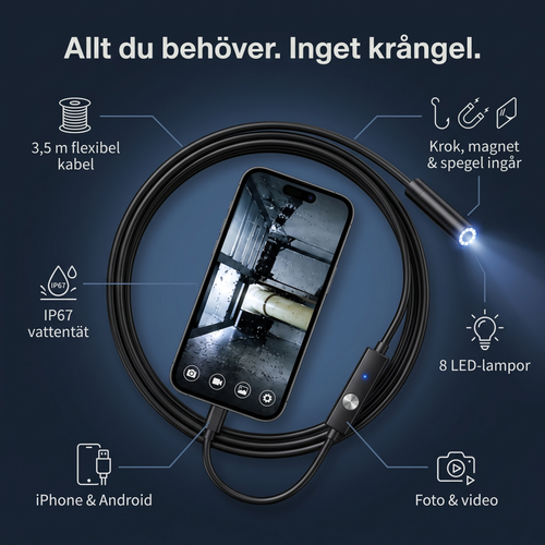 Funktioner: 3,5 m kabel, IP67, 8 LED, foto och video