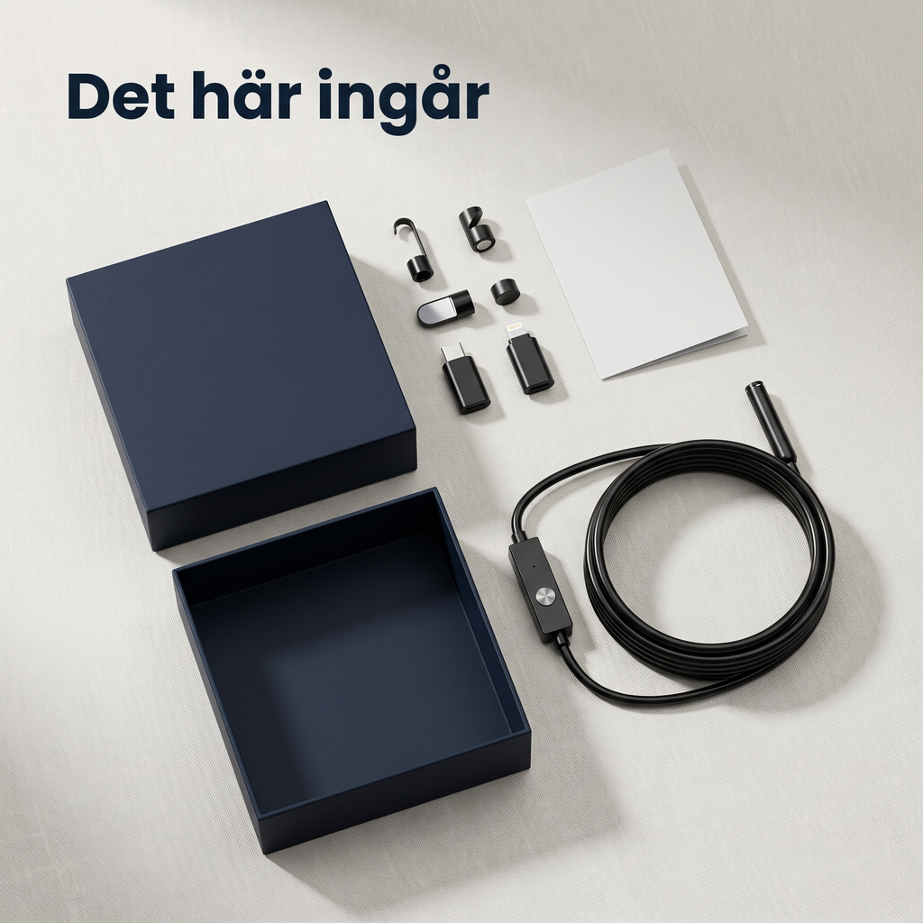 Det här ingår: kamera, adaptrar, krok, magnet, spegel